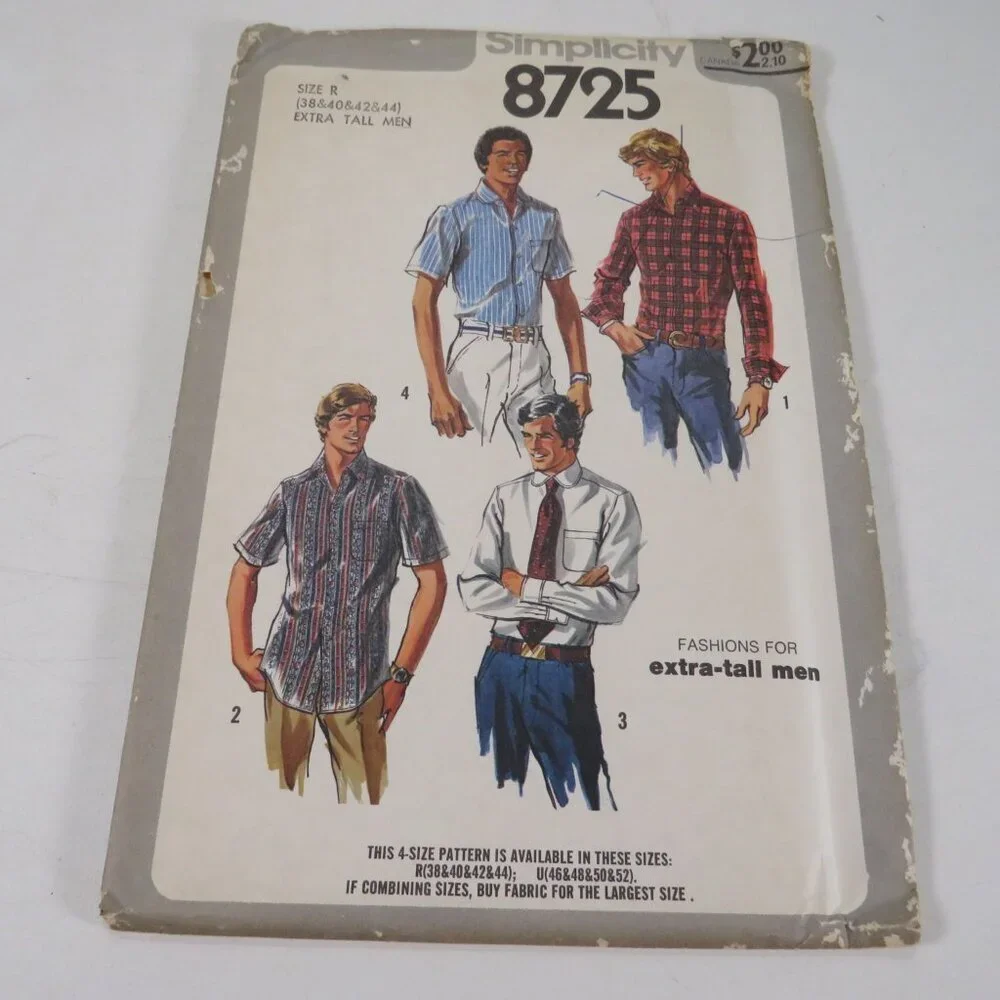 Simplicity 8725 Clothing Pattern Extra Tall Mens 38-44 Shirt UNCUT